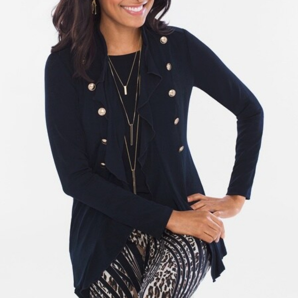 Chicos travelers black military goth jacket with ruffle and button details up th